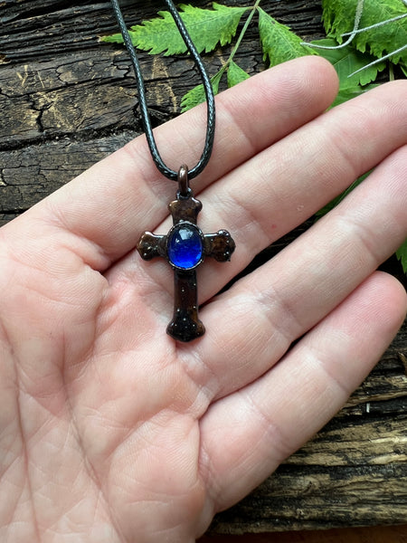 Blue Czech Glass Electroform Cross Pendant