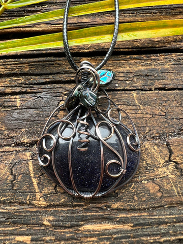 Blue Goldstone Pumpkin in Oxidized Copper Pendant