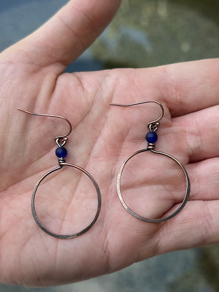 Blue Sea Glass Hoop Earrings