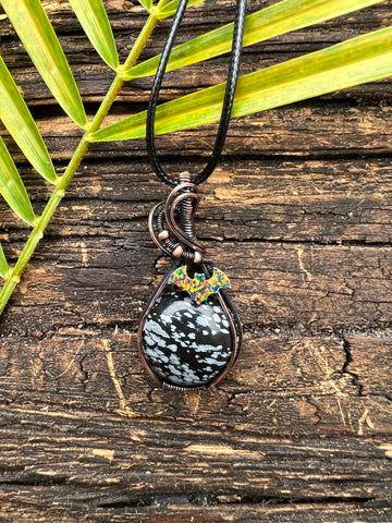 Snowflake Obsidian and Opal Bat Pendant