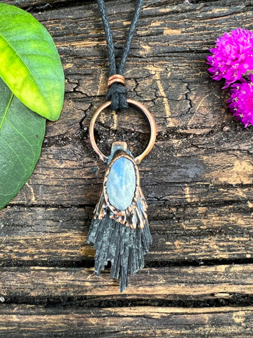 Black Kyanite and Moonstone Electroformed Pendant