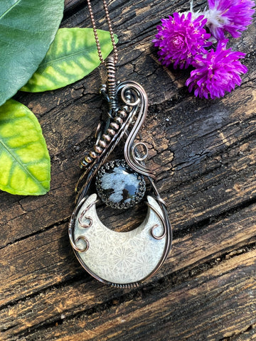 Fossilized Coral and Snowflake Obsidian Moons Pendant