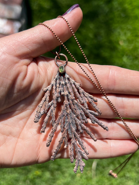 Cedar and Peridot Copper Electroformed Pendant and Earring Set