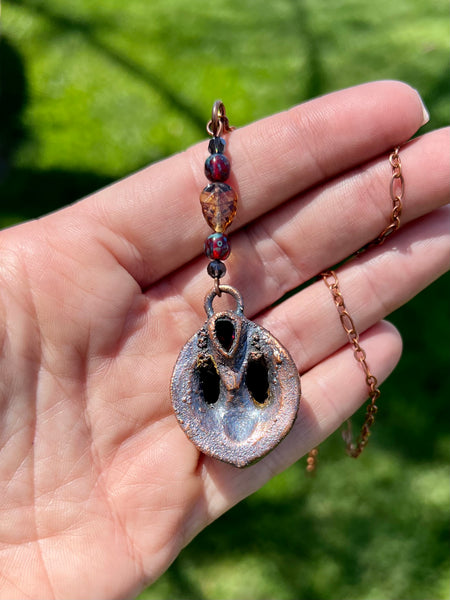 Black Walnut and Garnet Teardrop Copper Electroformed Pendant