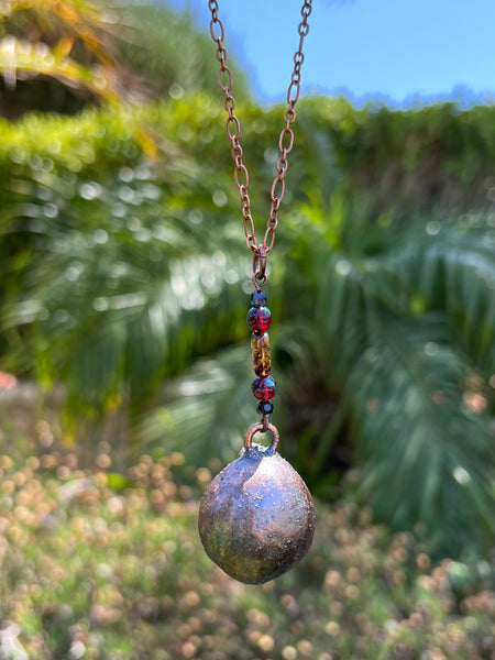 Black Walnut and Garnet Teardrop Copper Electroformed Pendant