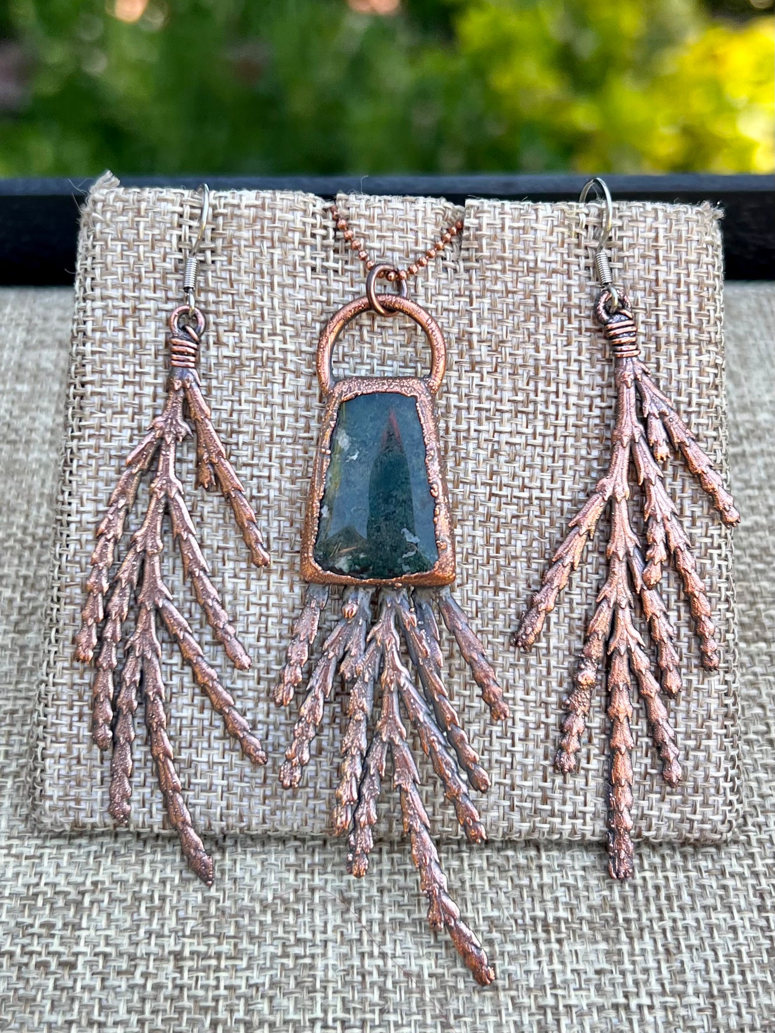 Cedar and Moss Agate Copper Electroformed Pendant and Earring Set