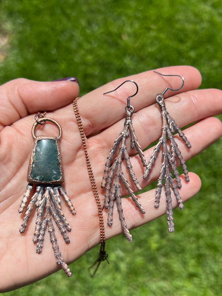 Cedar and Moss Agate Copper Electroformed Pendant and Earring Set