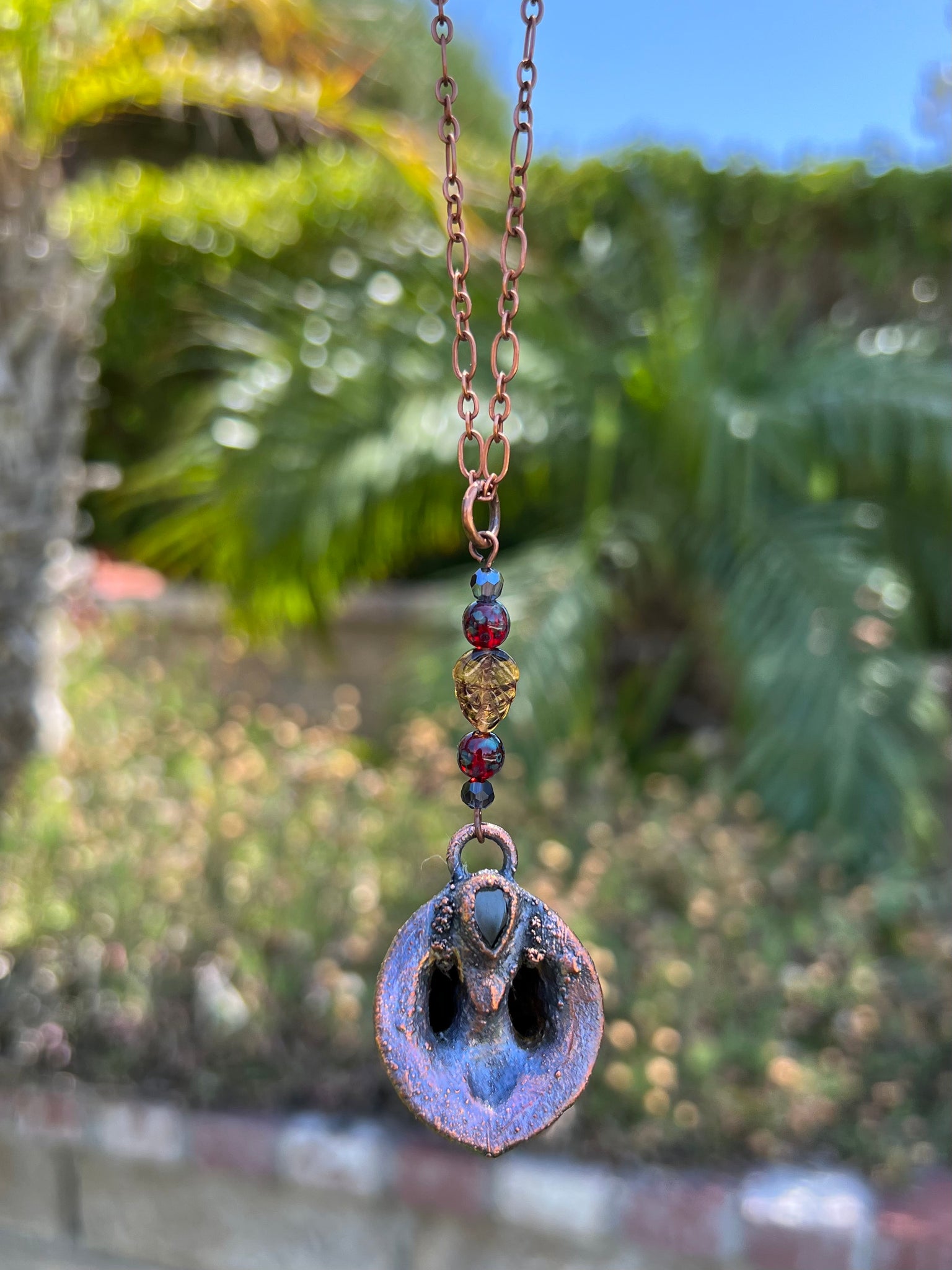 Black Walnut and Garnet Teardrop Copper Electroformed Pendant