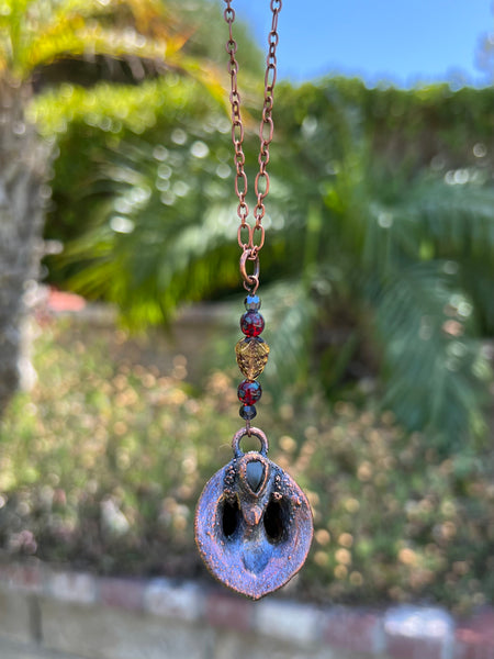 Black Walnut and Garnet Teardrop Copper Electroformed Pendant