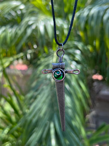 Antiqued Green Paua Shell Copper Wrapped Sword Pendant