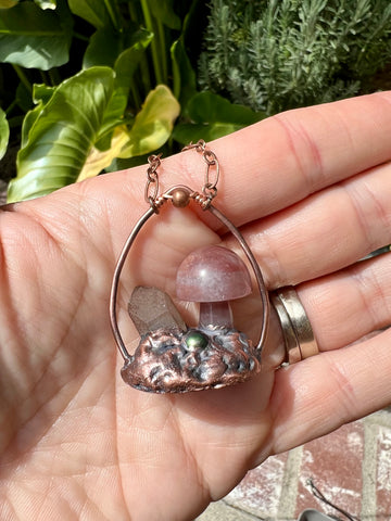 Cherry Quartz Mushroom Scape Electroform Cottagecore Pendant