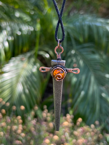 Yellow / Gold Czech Glass Copper Wrapped Sword Pendant