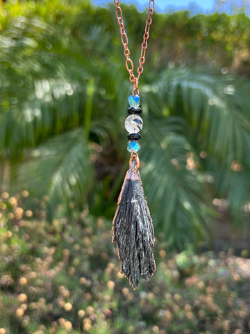 Black Kyanite and Rutilated Quartz Copper Electroformed Pendant